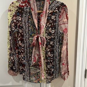 Zara multicolored tie sheer blouse size s